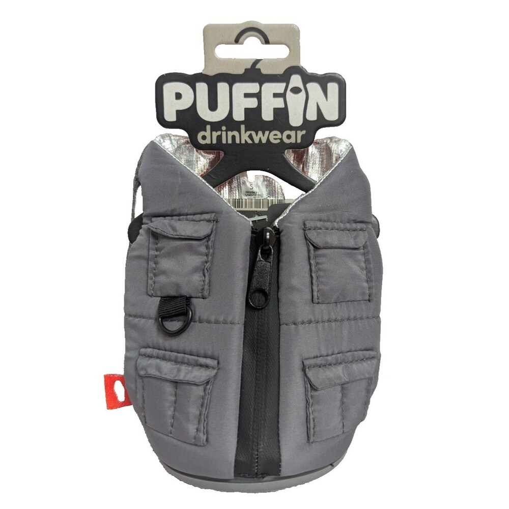 Puffin Drinkwear Adventurer Koozie Fishing Vest Gray Insulated Drink Holder NEW
